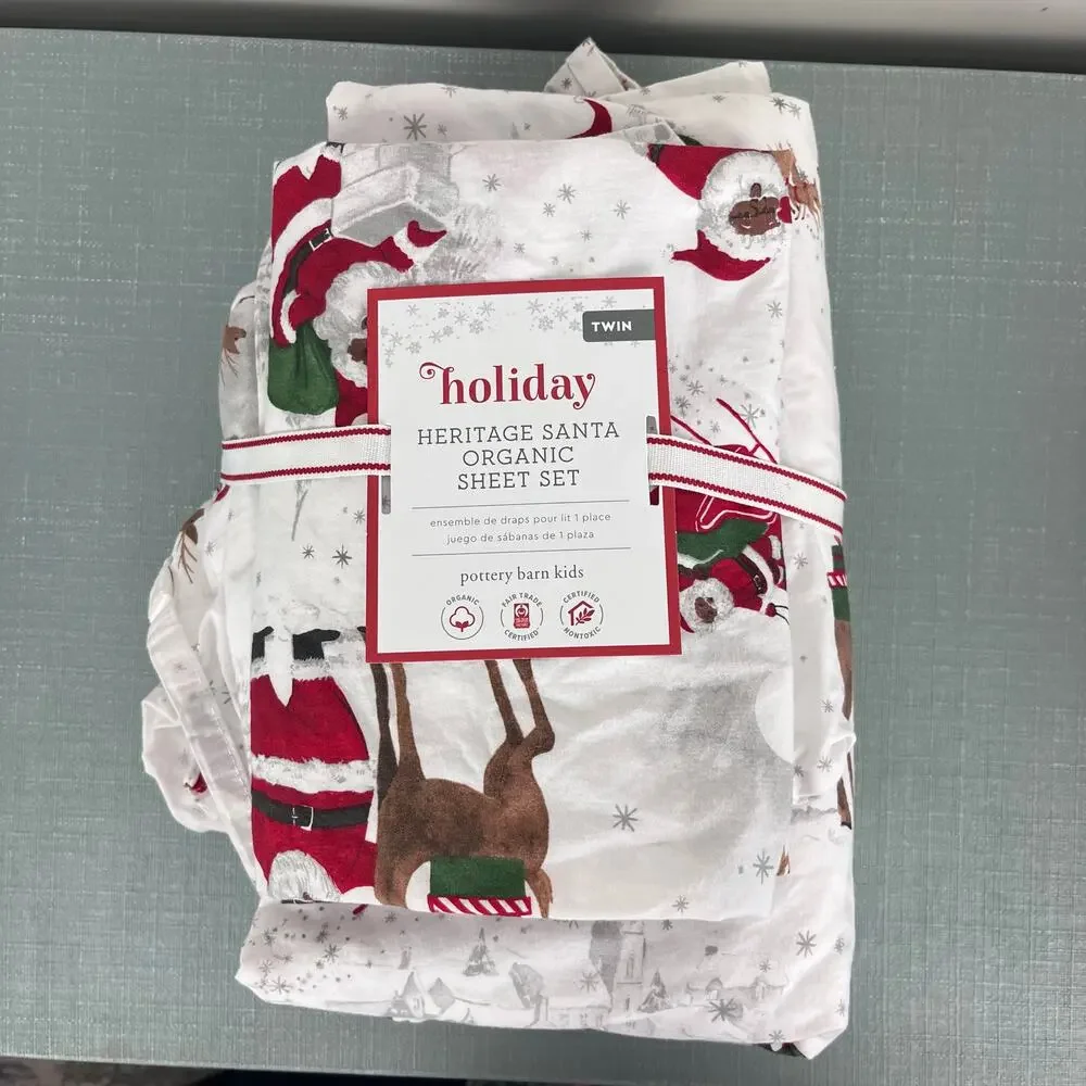 Pottery Barn Kids Heritage Black Santa Organic Twin Size Sheets
